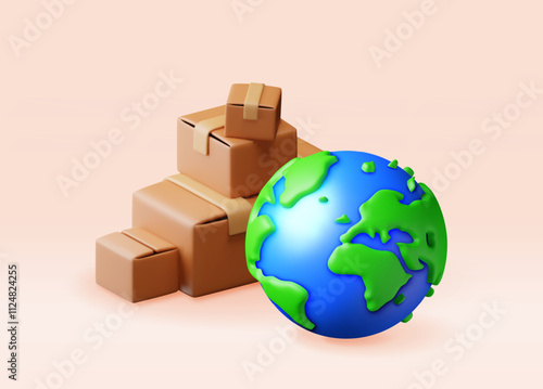 3D planet earth in cardboard box isolated. Render cardboard package with cover. Express worldwide delivery. Carton delivery packaging. Transportation and logistics. Vector illustration