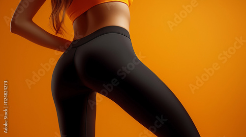 Realistic photograph of a woman wearing black sport leggings against an orange background, capturing the contrast and dynamic energy of the outfit and setting