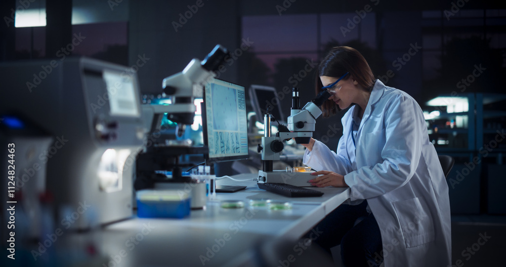 Caucasian Female Scientist Working on a Computer in the Evening. Specialist Using a Gene Sequencing Software. Advanced Biotechnology Lab in a Medical Research and Development Center Caucasian Female Scientist Working on a Computer in the Evening. Specialist Using a Gene Sequencing Software. Advanced Biotechnology Lab in a Medical Research and Development Center