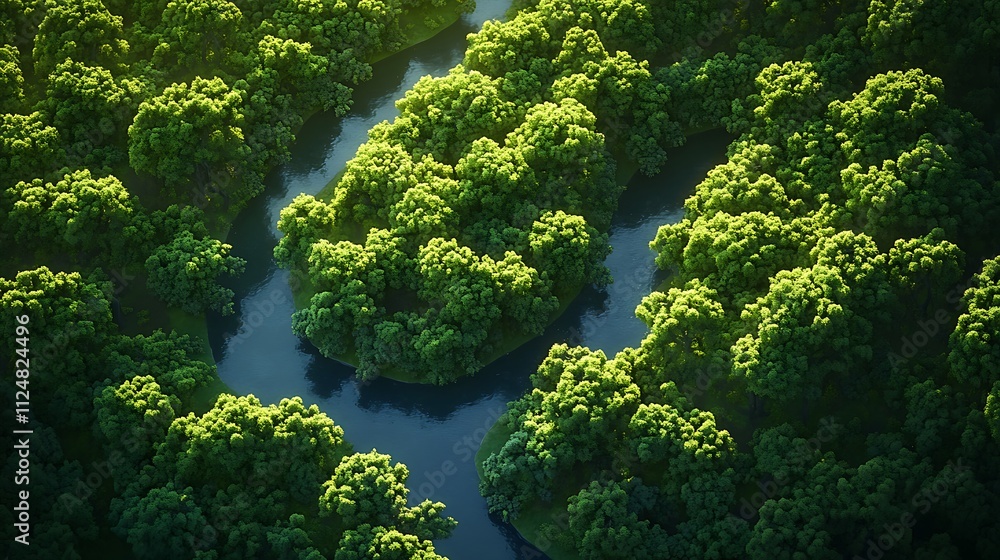 Aerial view of lush green forests with winding rivers. Aerial view of lush green forests with winding rivers.