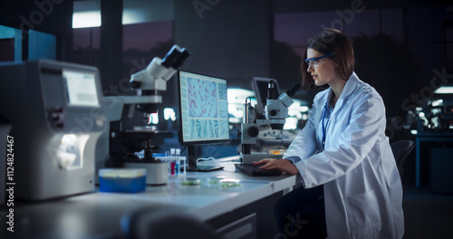 Wallpaper Mural Medical Research and Development Laboratory: Dedicated Caucasian Female Scientist Working on a Computer with Advanced DNA Diagnostic Software. Modern Genetic Engineering Lab at Night Torontodigital.ca
