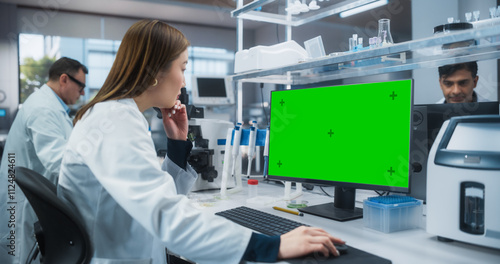 Medical Research and Development Laboratory: Beautiful Asian Female Scientist Working on a Computer with a Green Screen Chroma Key Template. Modern Genetic Engineering Lab