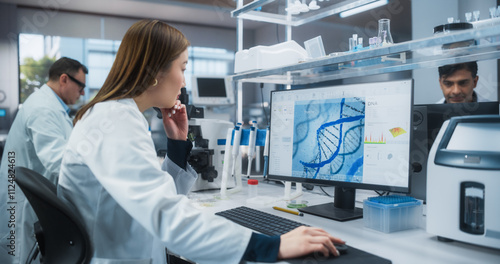 Medical Research and Development Laboratory: Beautiful Asian Female Scientist Working on a Computer with Advanced DNA Diagnostic Software on Display. Modern Genetic Engineering Lab