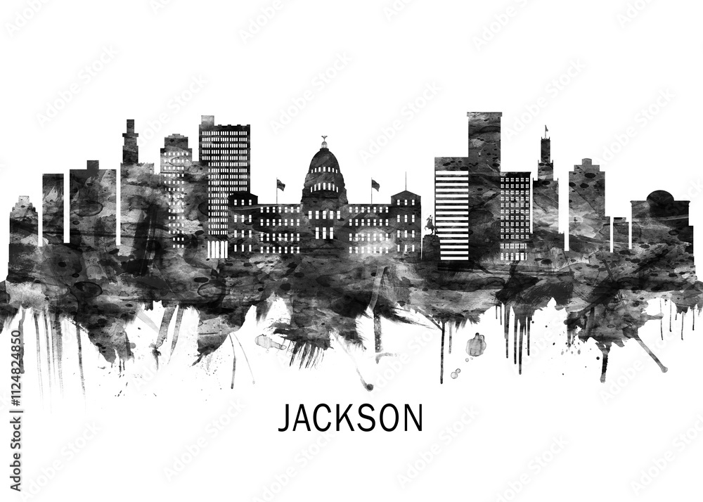 Naklejka premium Jackson Mississippi skyline BW, city landscape banner district business print painting watercolor