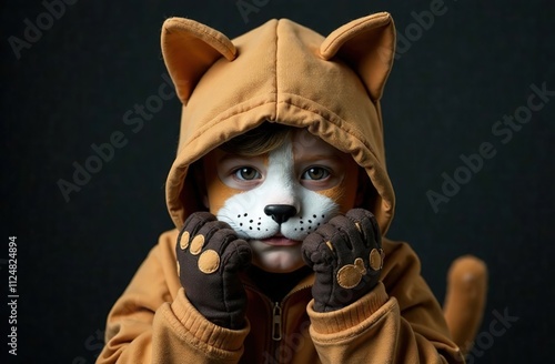 A smiling child in a carnival animal mask on a gray background. In an orange hooded jacket with ears. School, kindergarten. photo