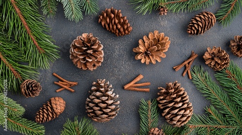 Christmas pattern made of pine cones, cinnamon sticks and fir branches on dark background