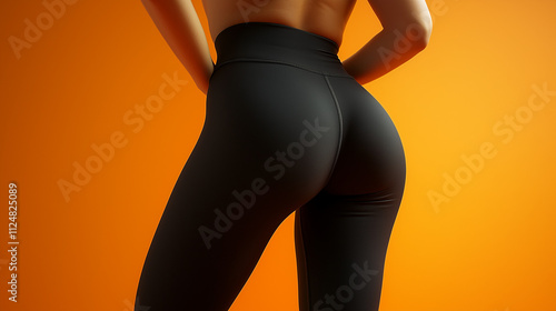 Realistic photograph of a woman wearing black sport leggings against an orange background, capturing the contrast and dynamic energy of the outfit and setting photo