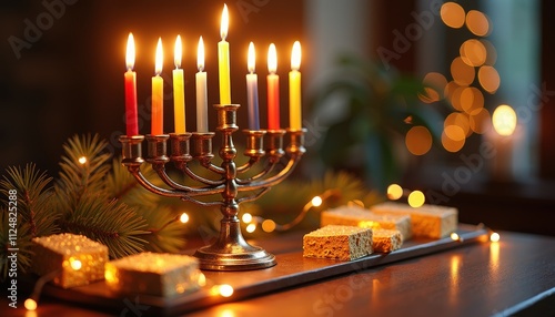 Classic Menorah Surrounded by a Hanukkah Gelt and Festive Display. photo