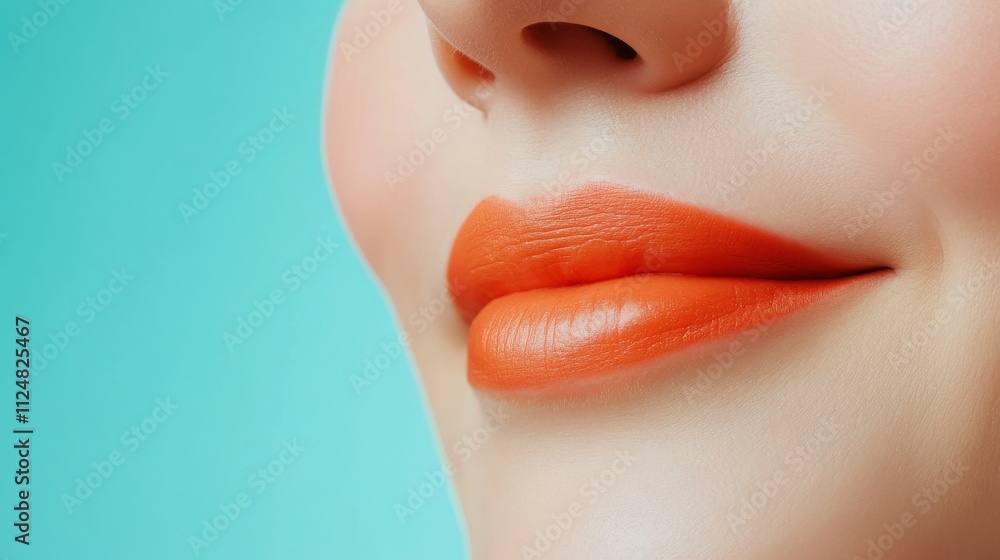 Close-up of lips with vibrant orange lipstick on a teal background. Anti-aging and youthful concept. Close-up of lips with vibrant orange lipstick on a teal background. Anti-aging and youthful concept.