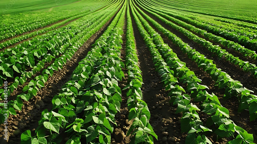 Aerial view of soybean field with rows of young seedlings Aerial view of soybean field with rows of young seedlings