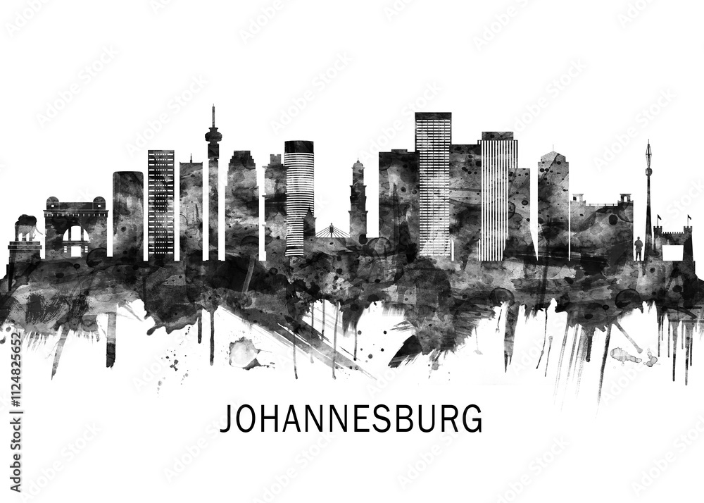 Johannesburg South Africa Skyline BW, city landscape banner district business print painting watercolor