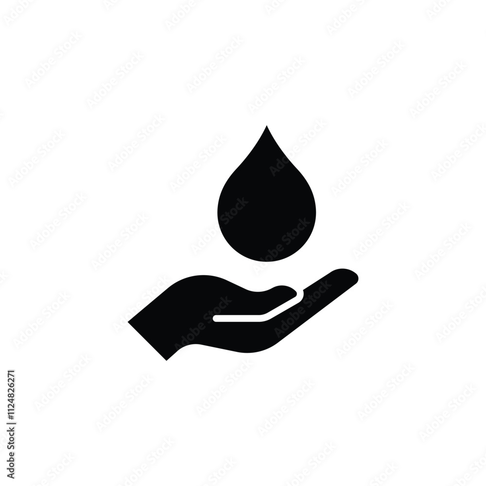 Save water icon. Simple solid style. Hand with water drop, hygiene, clean, energy, care, purity, sea, health, environment concept. Black silhouette, glyph symbol. Vector illustration isolated. Save water icon. Simple solid style. Hand with water drop, hygiene, clean, energy, care, purity, sea, health, environment concept. Black silhouette, glyph symbol. Vector illustration isolated.