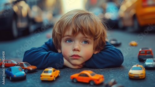 Adorable boy, lying on the ground, toy cars around him