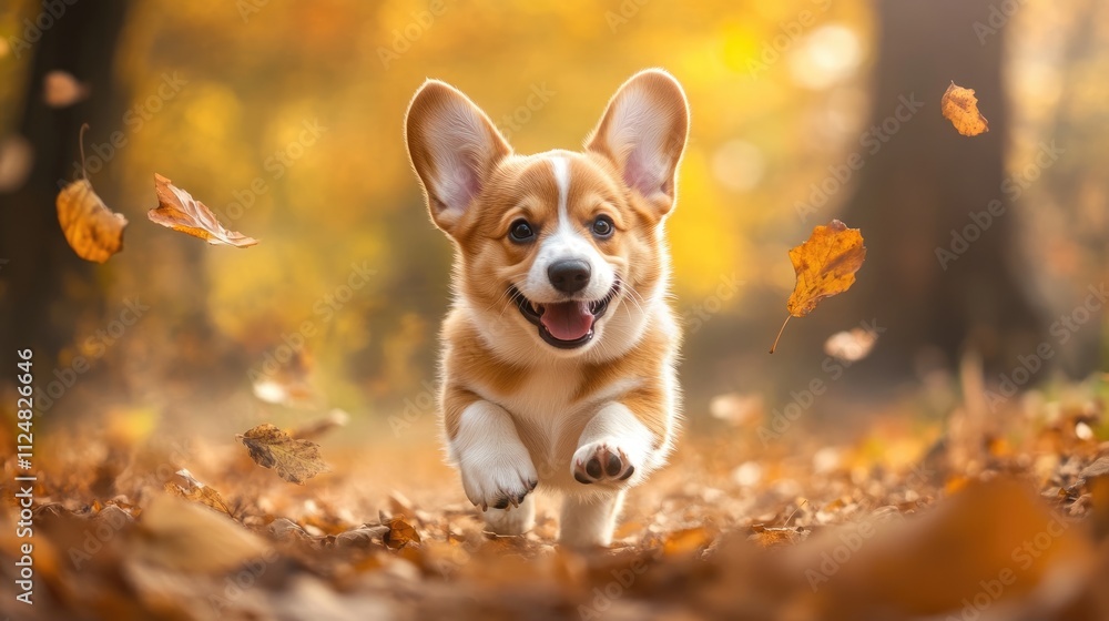 Adorable corgi puppy enjoying an autumn walk in the forest surrounded by yellow and orange leaves happy playful purebred dog smiling and running through the park joy cheerful and friendly pet outdoors Adorable corgi puppy enjoying an autumn walk in the forest surrounded by yellow and orange leaves happy playful purebred dog smiling and running through the park joy cheerful and friendly pet outdoors