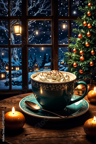 a cup of coffee with a spoon on a plate with a Christmas tree in the background.