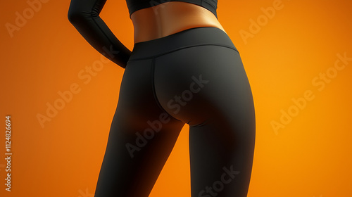 Realistic photograph of a woman wearing black sport leggings against an orange background, capturing the contrast and dynamic energy of the outfit and setting