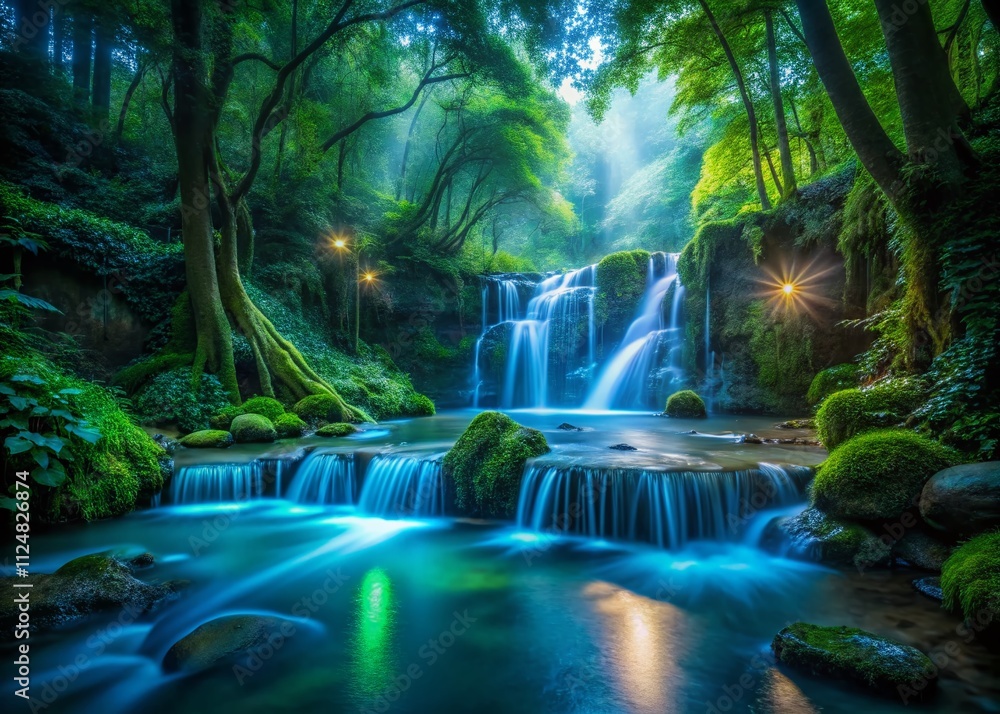 Captivating Aerial View of a Bio-luminescent Forest with a Majestic Waterfall and Serene Stream Illuminated by Nature's Glow at Dusk Captivating Aerial View of a Bio-luminescent Forest with a Majestic Waterfall and Serene Stream Illuminated by Nature's Glow at Dusk