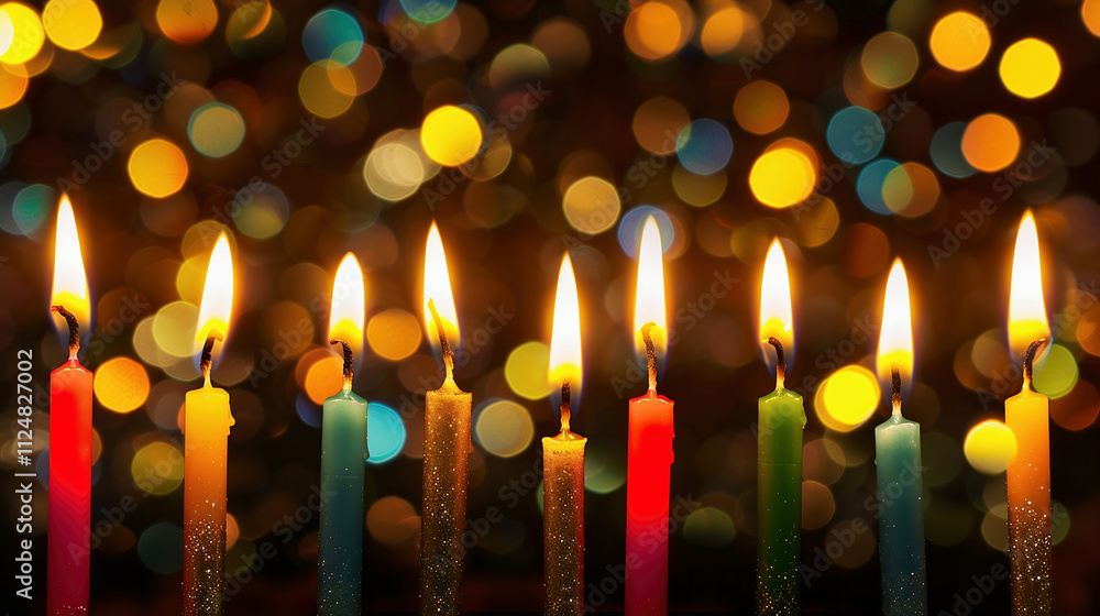 Colorful Candles with Bokeh and Lights. Copy space for greetings word. Calm, Cold, Winter, Romantic, Reminder Day, Birthday, Anniversary theme.