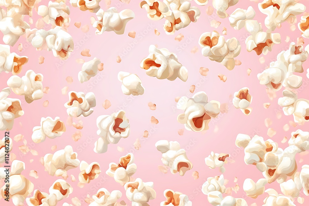 Popcorn kernels cascading on a soft pink backdrop, adding a lively and celebratory touch Popcorn kernels cascading on a soft pink backdrop, adding a lively and celebratory touch