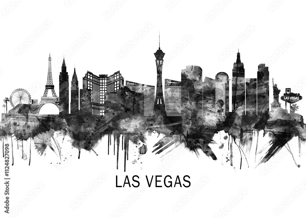 Las Vegas Nevada Skyline BW, city landscape banner district business print painting watercolor