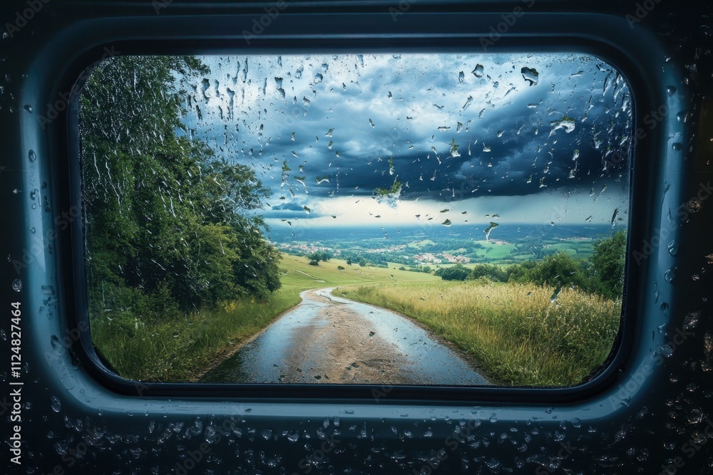 Naklejka premium Dark clouds loom over a winding road in a lush countryside landscape during a rainstorm
