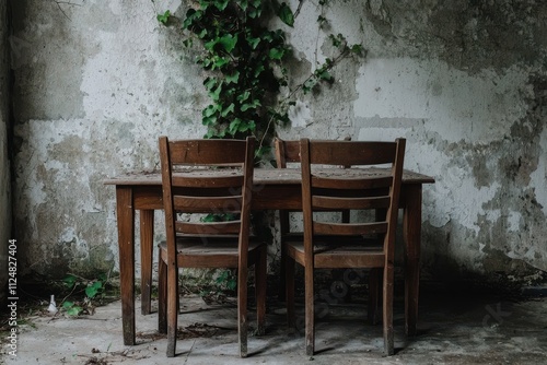 Vintage wooden table with simple chairs against a rustic wall with creeping ivy and moss