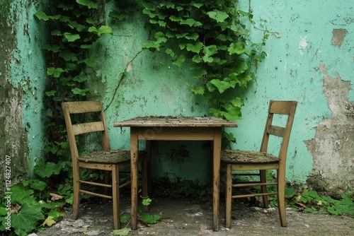 Abandoned table and chairs surrounded by lush green ivy on a weathered turquoise wall