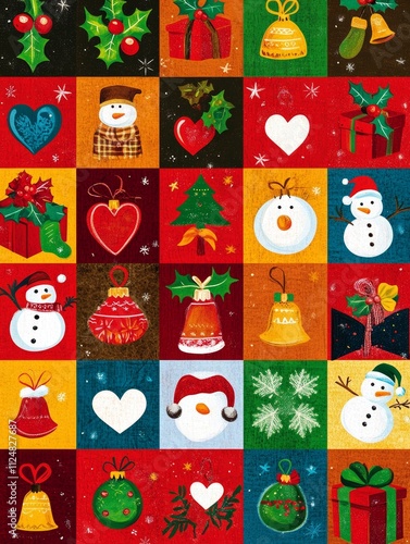 Colorful festive patchwork with holiday symbols. photo