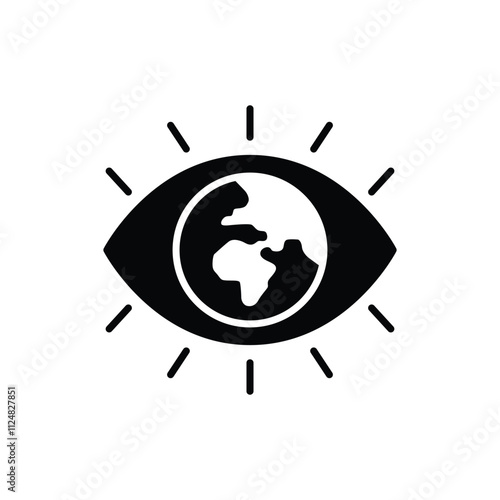 Global vision icon. Simple solid style. Eye with the earth in place of the iris, earth, world, globe, ecology, business concept. Black silhouette, glyph symbol. Vector illustration isolated.