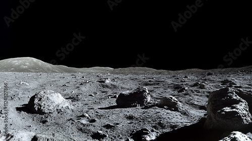 Earth's distant view from the rocky surface of the moon with the Earth in the background