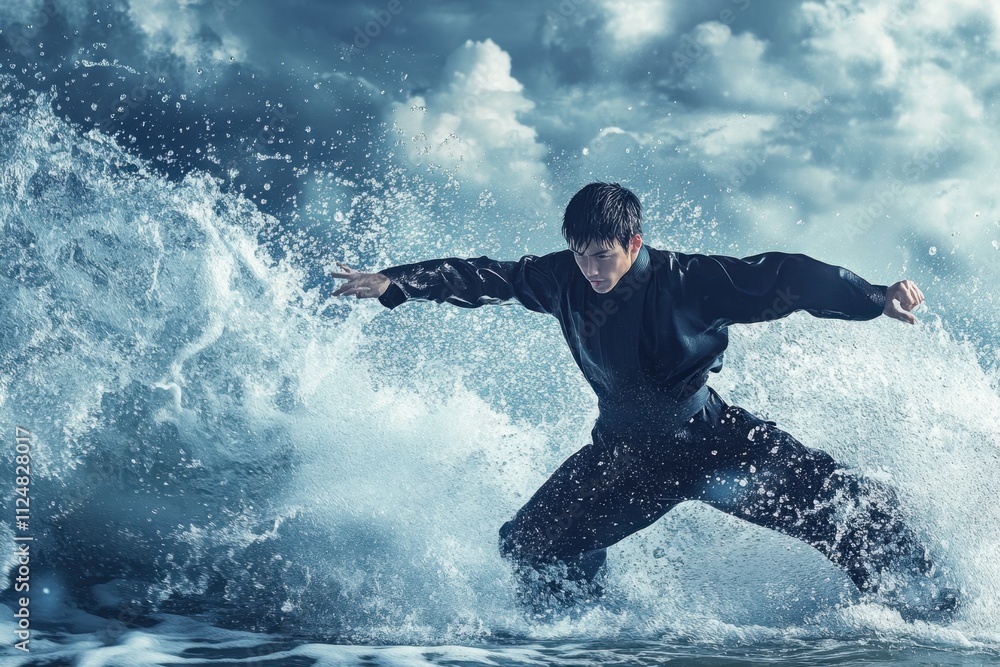 Martial artist showcases skills against crashing waves during a dramatic sunset Martial artist showcases skills against crashing waves during a dramatic sunset