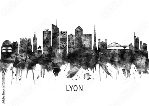 Lyon France Skyline BW, city landscape banner district business print painting watercolor