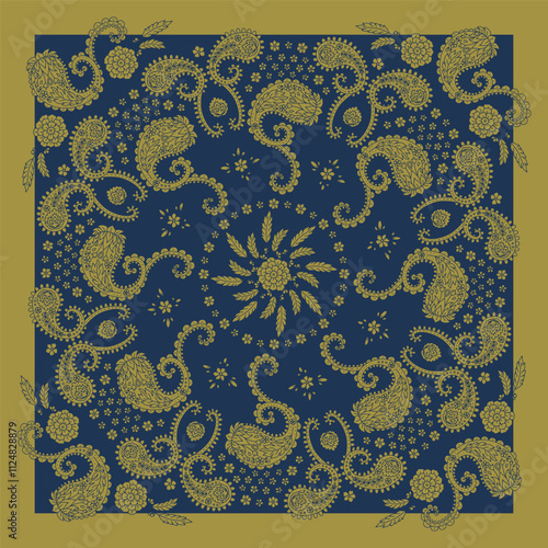 Blue and glod scarf or bandana design with paisley mandala pattern and floral elements. Ethnic carpet design