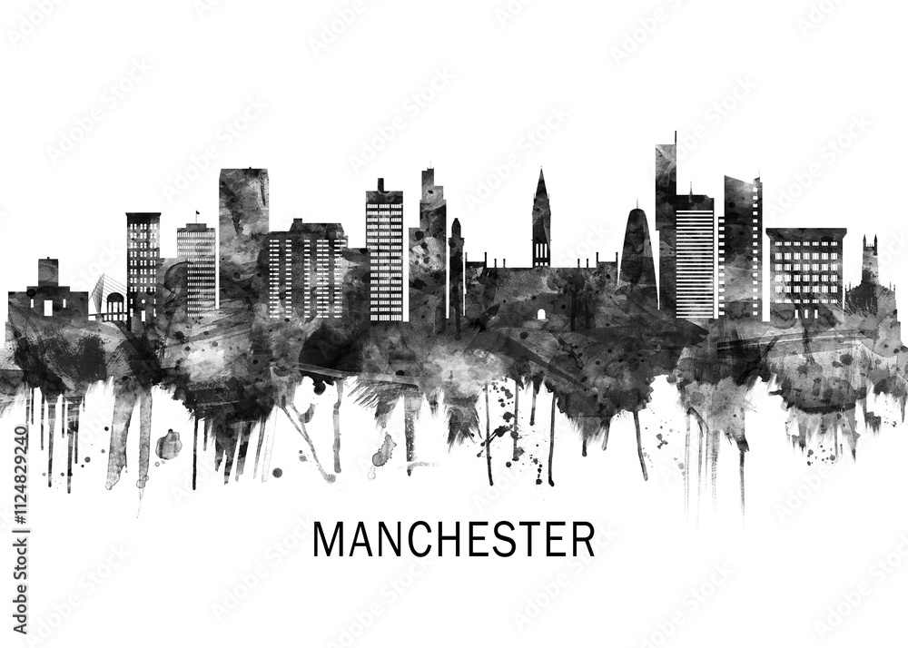 Obraz premium Manchester England Skyline BW, city landscape banner district business print painting watercolor