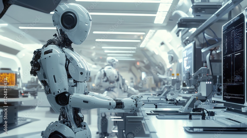 Advanced robots perform complex tasks in a hightech lab, demonstrating AI and automation technology in action Advanced robots perform complex tasks in a hightech lab, demonstrating AI and automation technology in action