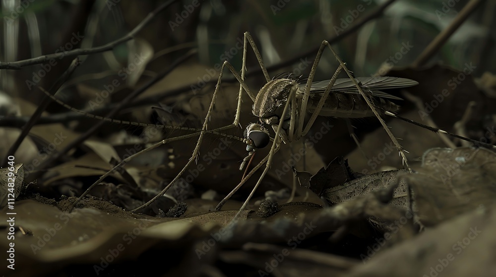 Close-up of mosquito resting on leaf in tropical forest, emphasizing its role in transmitting viruses, shallow depth of field. Close-up of mosquito resting on leaf in tropical forest, emphasizing its role in transmitting viruses, shallow depth of field.