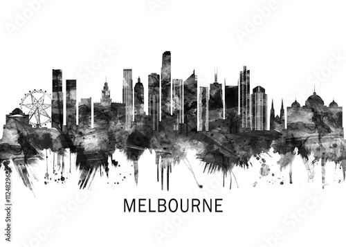 Melbourne Australia Skyline BW, city landscape banner district business print painting watercolor photo