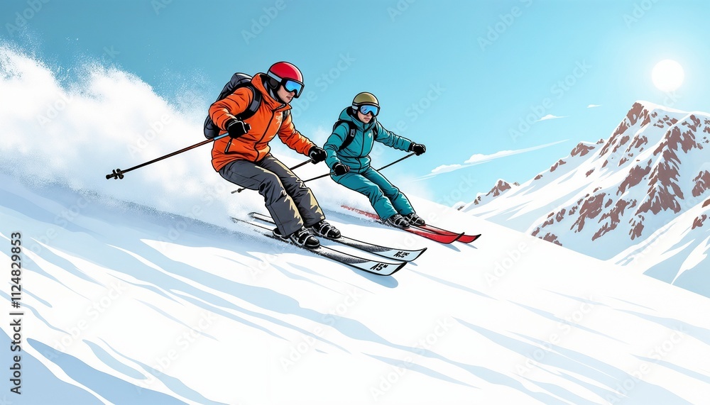 Two skiers descending a snowy mountain slope Two skiers descending a snowy mountain slope
