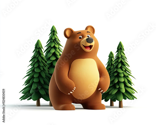 Cheerful cartoon bear amidst lush trees fun animation scene whimsical forest setting photo