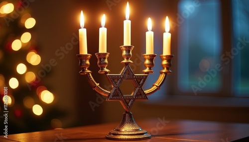 Menorah Displayed with Star of David Representing Hanukkah’s Heritage. photo