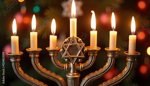 Menorah Displayed with Star of David Representing Hanukkah’s Heritage. photo