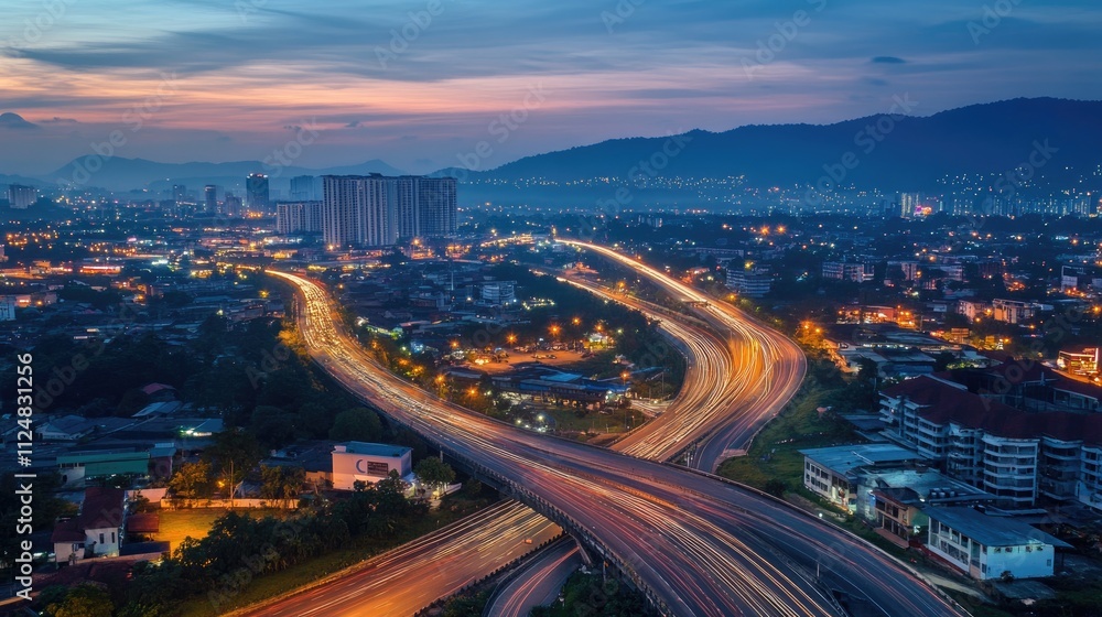 Aerial view of Road Traffic jam on multiple lane highway with speed light trail from car background, Expressway road junction in metropolis city center at night scene. Aerial view of Road Traffic jam on multiple lane highway with speed light trail from car background, Expressway road junction in metropolis city center at night scene.