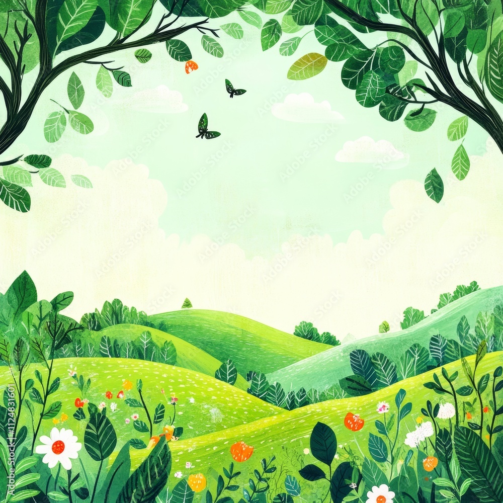 Naklejka premium Lush green landscape with vibrant flowers.