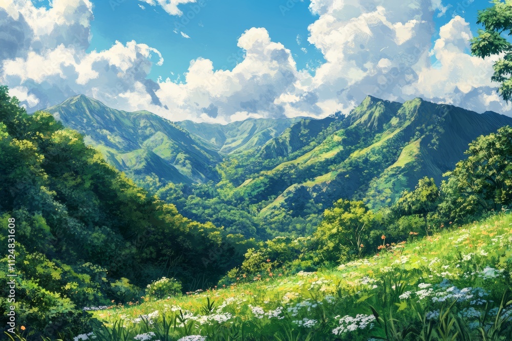 Fototapeta premium Lush green mountains under a bright blue sky.