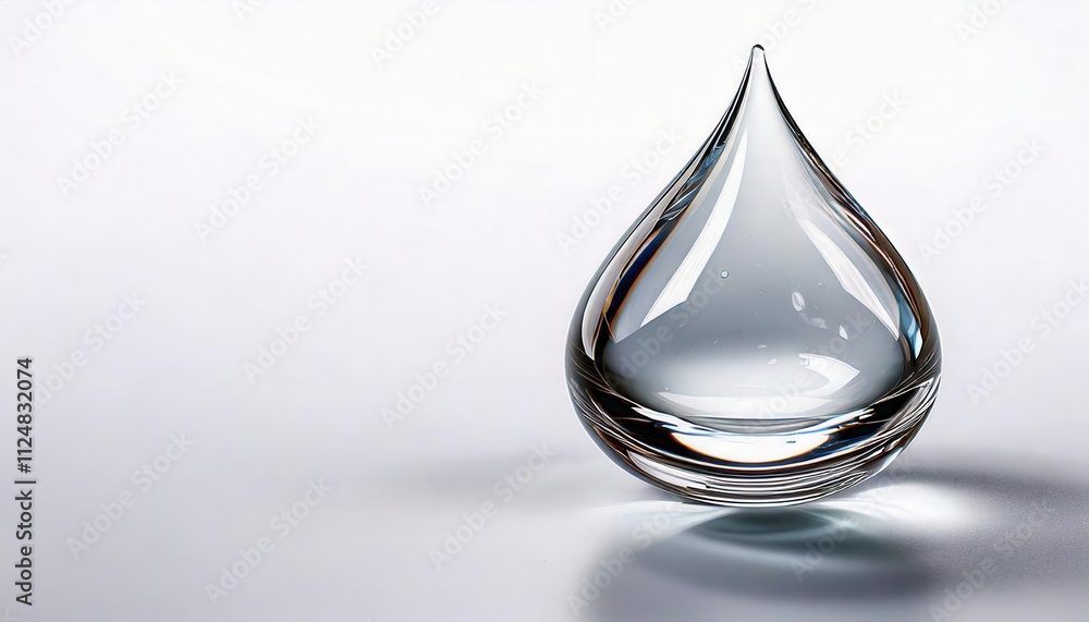 Fototapeta premium Crystal Water Drop: A single, pristine water droplet, sculpted in glass, reflects light with stunning clarity. A minimalist image evoking purity, hydration, and natural beauty.