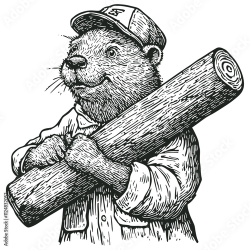 Beaver lumberjack carrying a log, engraving style, vector illustration.