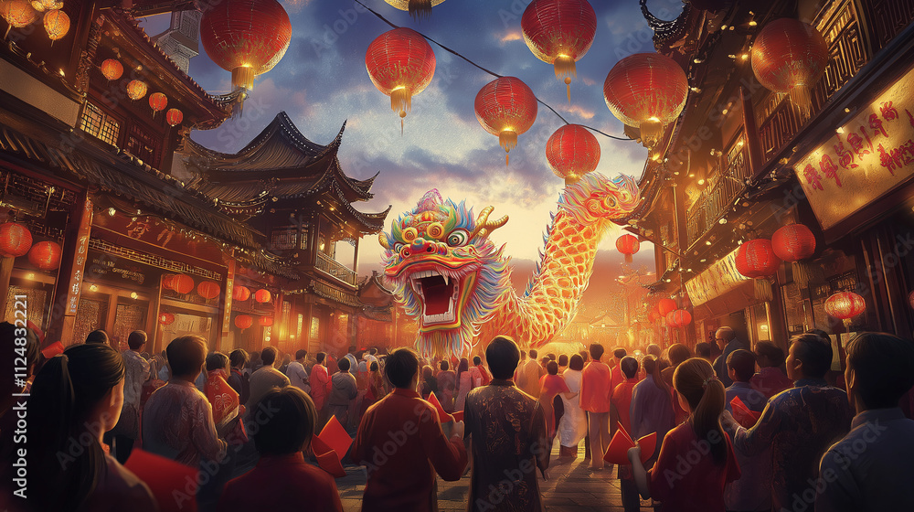 Fototapeta premium Vibrant Chinese New Year Celebration with Dramatic Dragon Dance