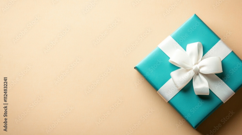 Flat lay of a blue gift box with a white ribbon bow on a pastel beige background with space for text Flat lay of a blue gift box with a white ribbon bow on a pastel beige background with space for text