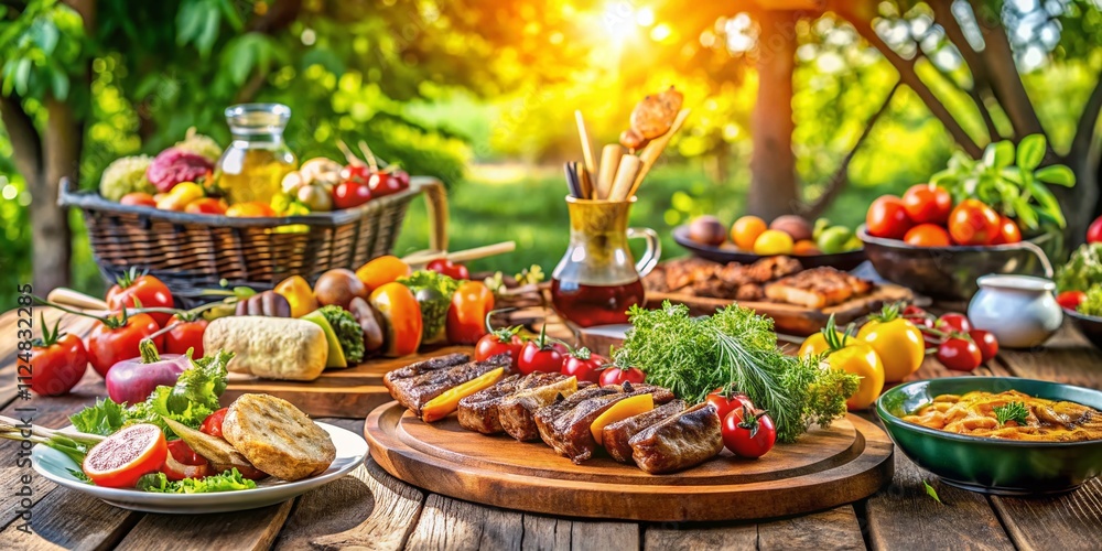 Fototapeta premium Captivating BBQ Scene with Grilled Meats, Fresh Vegetables, and Vibrant Outdoor Settings Perfect for Summer Gatherings and Culinary Enthusiasts Seeking Inspiration