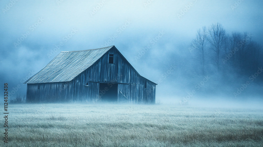 An old barn barely visible in the thick morning fog. An old barn barely visible in the thick morning fog.